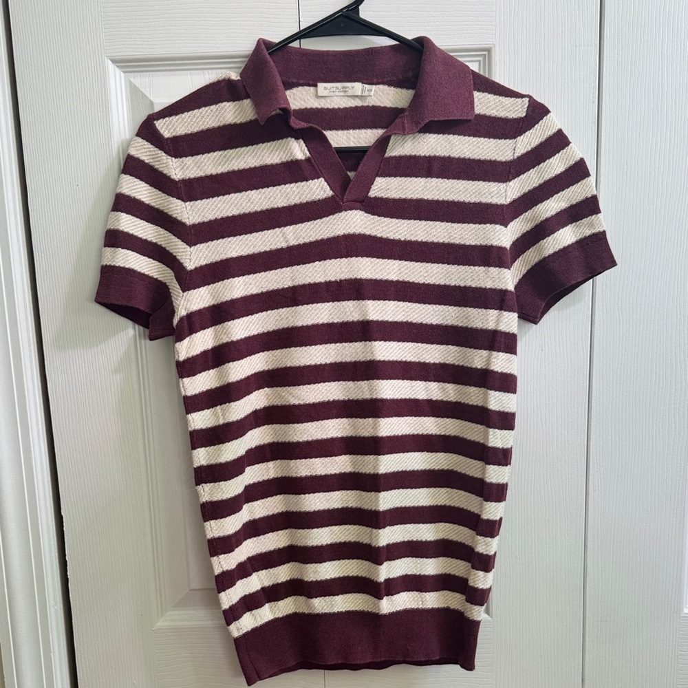 Suitsupply Burgundy and White Striped Polo Shirt